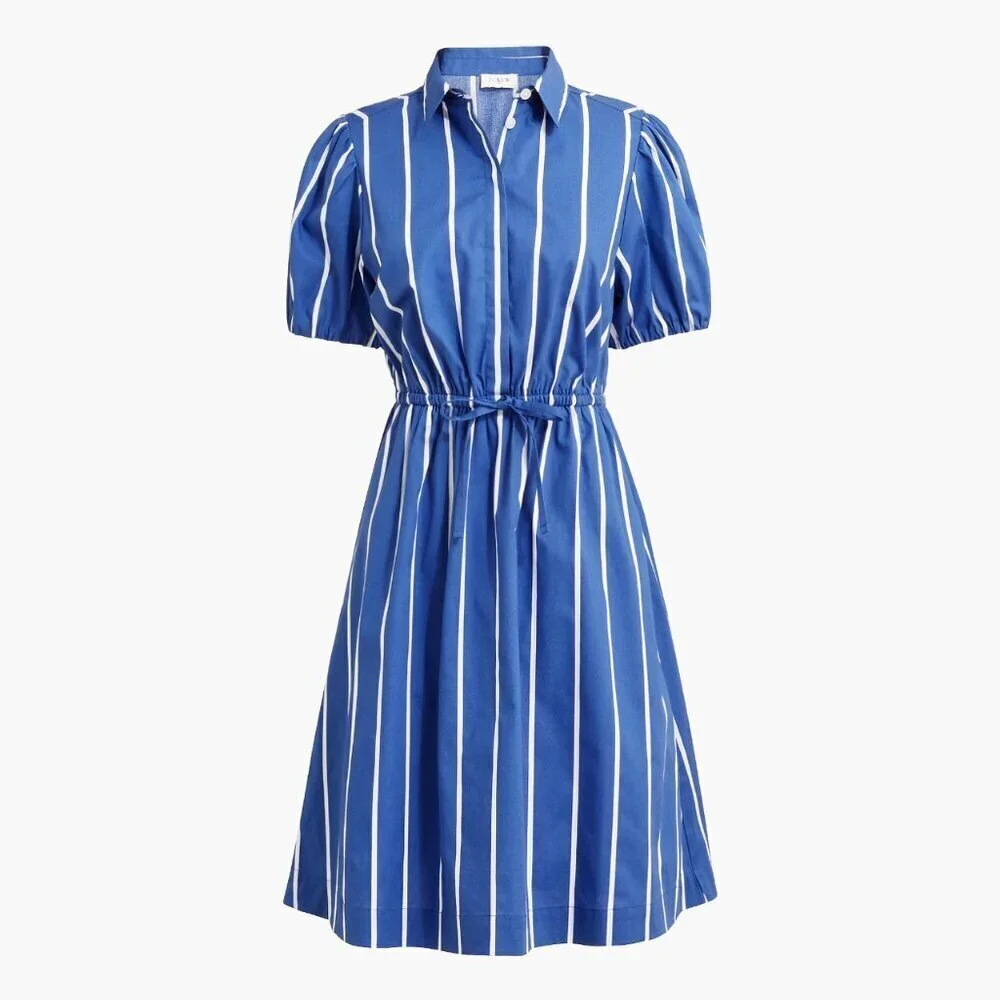J. Crew NWT Short-Sleeve Cotton Striped Blue + White Tie-Waist Mini Dress, 10